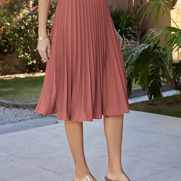 GRACE KARIN Women's Flared Pleated Ruffle Knitted Burnt Orange-Brown - Picture 3 of 14